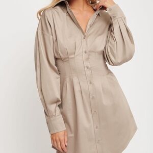 Elegant Beige Shirt Dress with clinched waist
